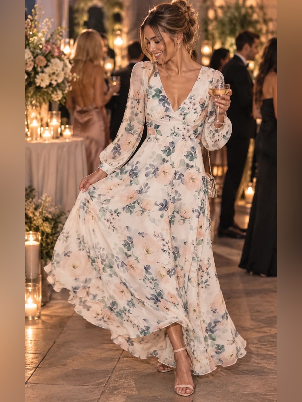 NWT Yumi Kim Melissa Maxi Dress Ivory Floral V-Neck Long Sleeve with Slit size 4